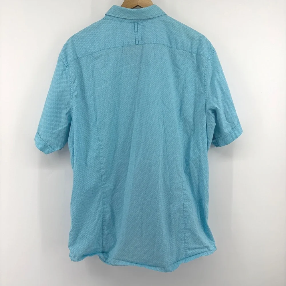 Banana Republic Men XL Teal Blue Geometric Short Sleeve Button Down Shirt Pocket